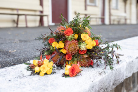Yellow, Orange and burgundy bouquet